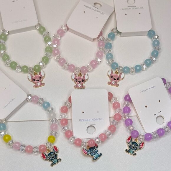 Colorful Kids Beaded Stretch Bracelet Pink beads green charm - Picture 3 of 7